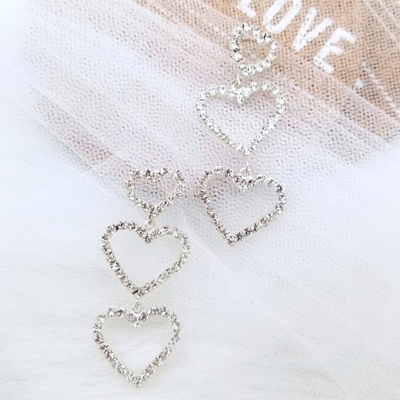 White Crystal Heart Triple Drop Earrings - Picture 5 of 6